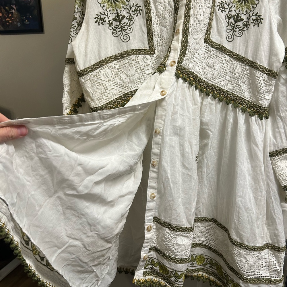 Anthropologie Maeve Ivory and Olive Embroidered Long Sleeve Dress - Picture 7 of 10